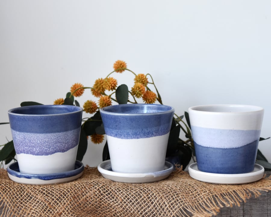 Hand-thrown ceramic planter with matching saucer  - stoneware pottery