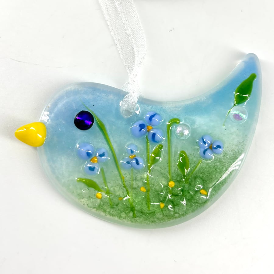 Hanging Glass Bird with Pretty Blue Flowers 
