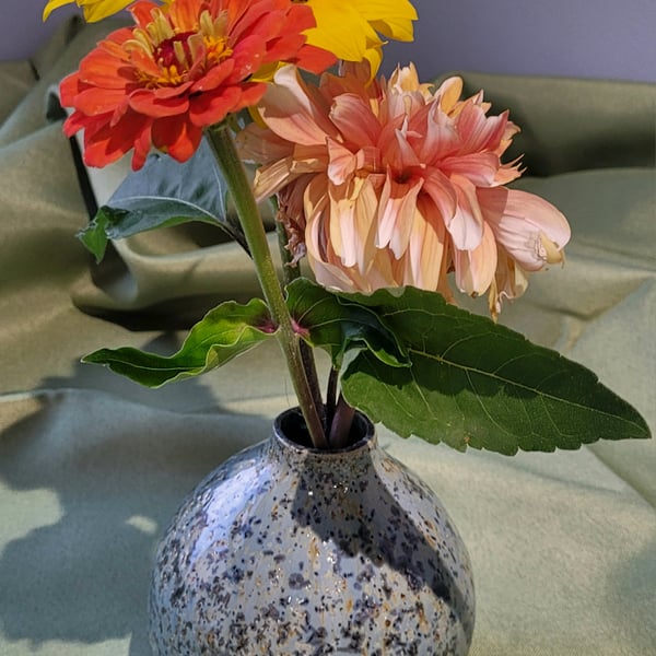 Small blue green speckled bud vase handmade pottery