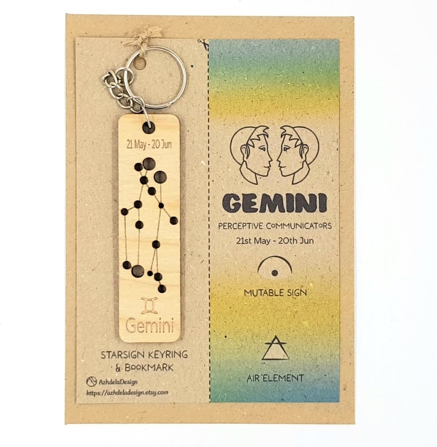 Gemini Zodiac Star Sign Constellation Wooden Keyring & Bookmark Gift