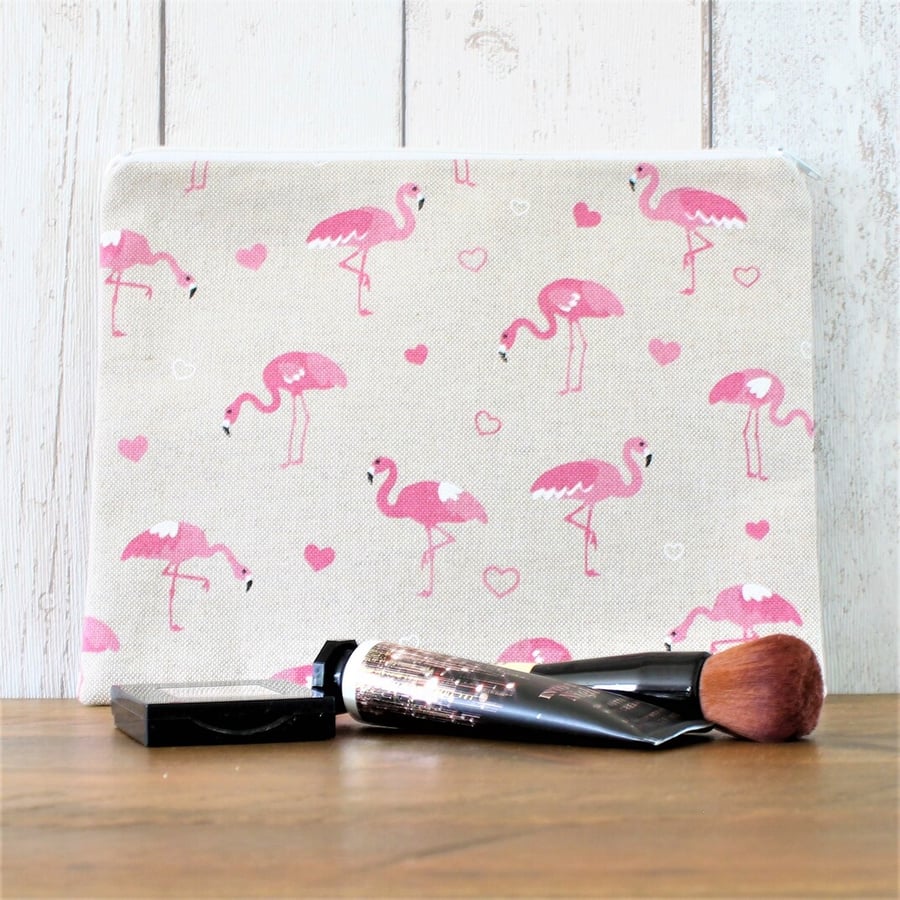 Pink Flamingo Print Makeup Bag