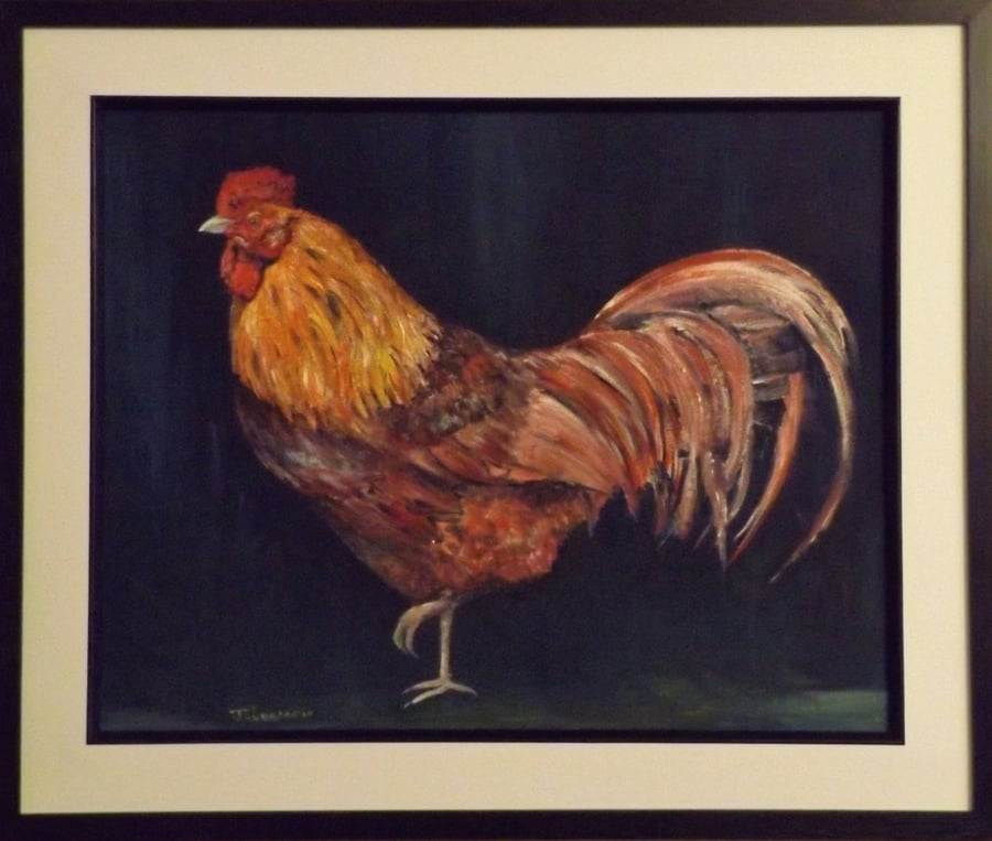  A realistic acrylic painting of a cockerel titled Ruler of the ROOST