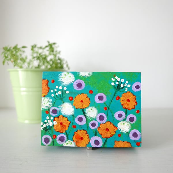 Meadow pattern Trinket Jewellery Box, Naive Wildflowers Painting, Turquoise 