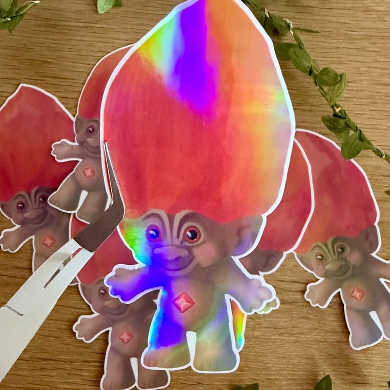 Holographic 90s Retro Red Hair Toy - Vintage Novelty Vinyl Sticker