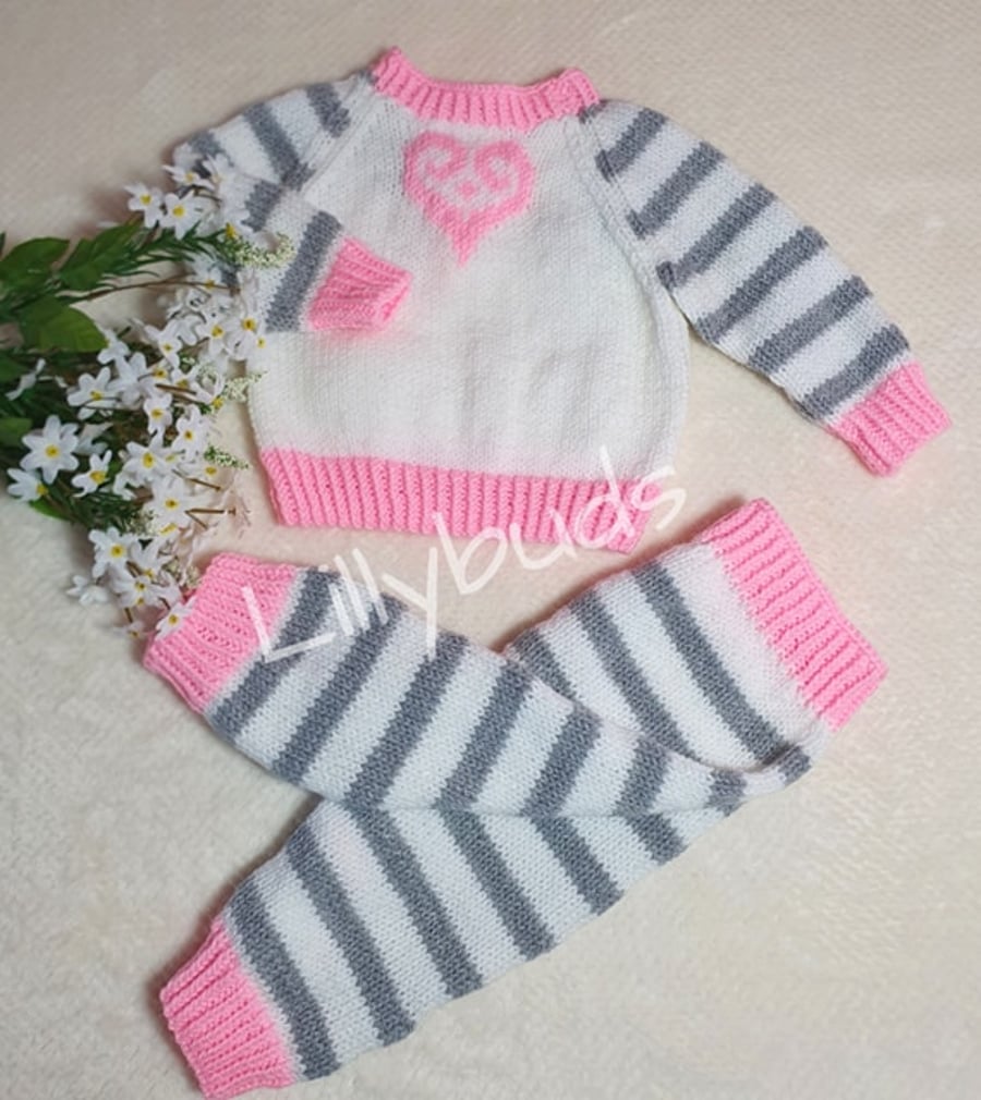 Hand knitted baby girl suit, Baby set, Sweater and Trousers, Pink