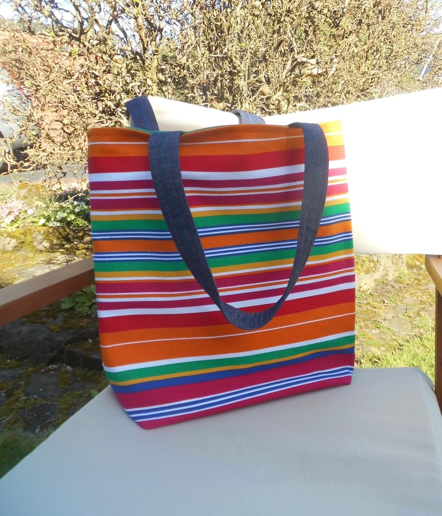 Colourful striped canvas tote bag large