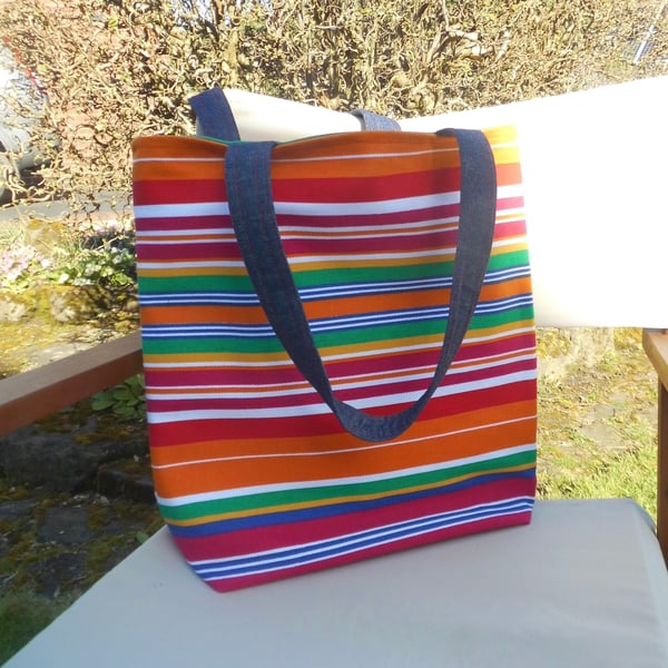 Colourful striped canvas tote bag large