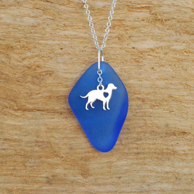 Beach glass pendant with dog charm