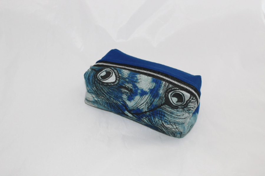 zip up blue bag, handprinted peacock print,Seconds Sunday make up bag,pouch,gift