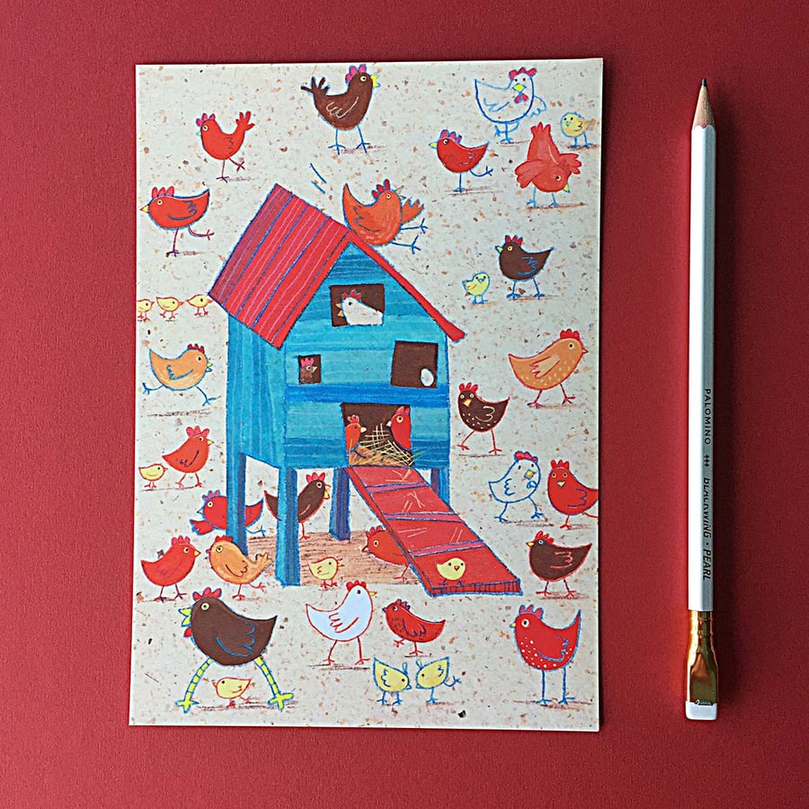 Hen House chickens A5 digital print by Jo Brown Children's book illustrator.