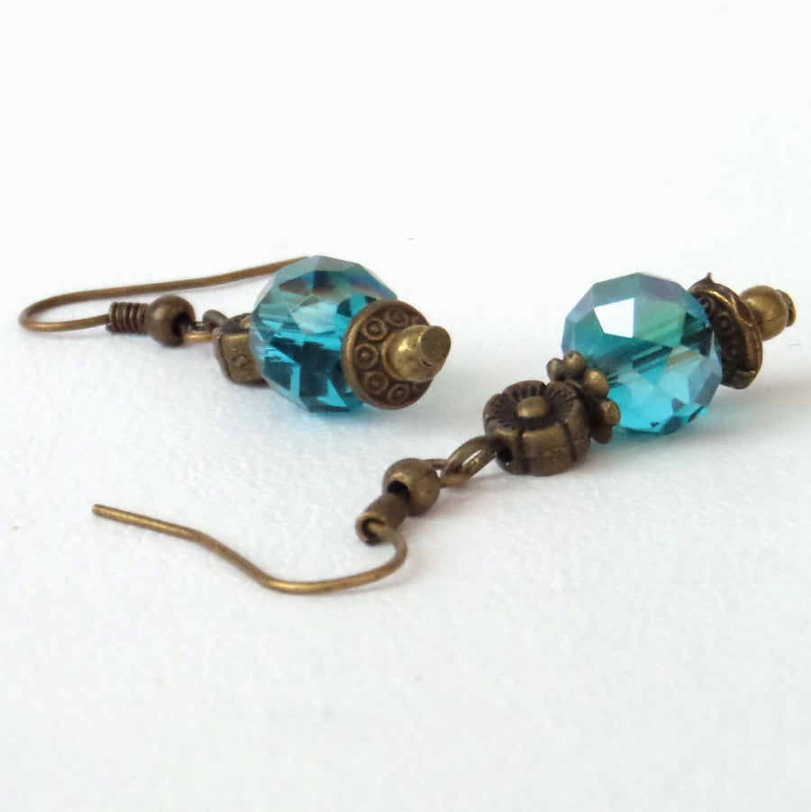 Vintage inspired teal crystal and bronze earrings