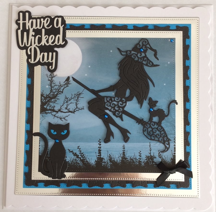 Pagan Halloween Card Have a Wicked Day Sexy Witch Cats 3D Luxury Blue 1