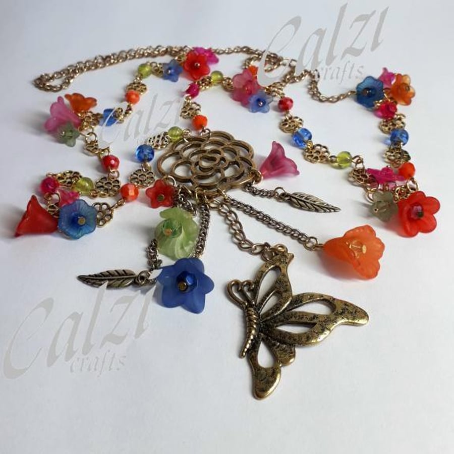 Multicoloured Boho Antique Gold Effect Butterfly Charm & Flower Necklace