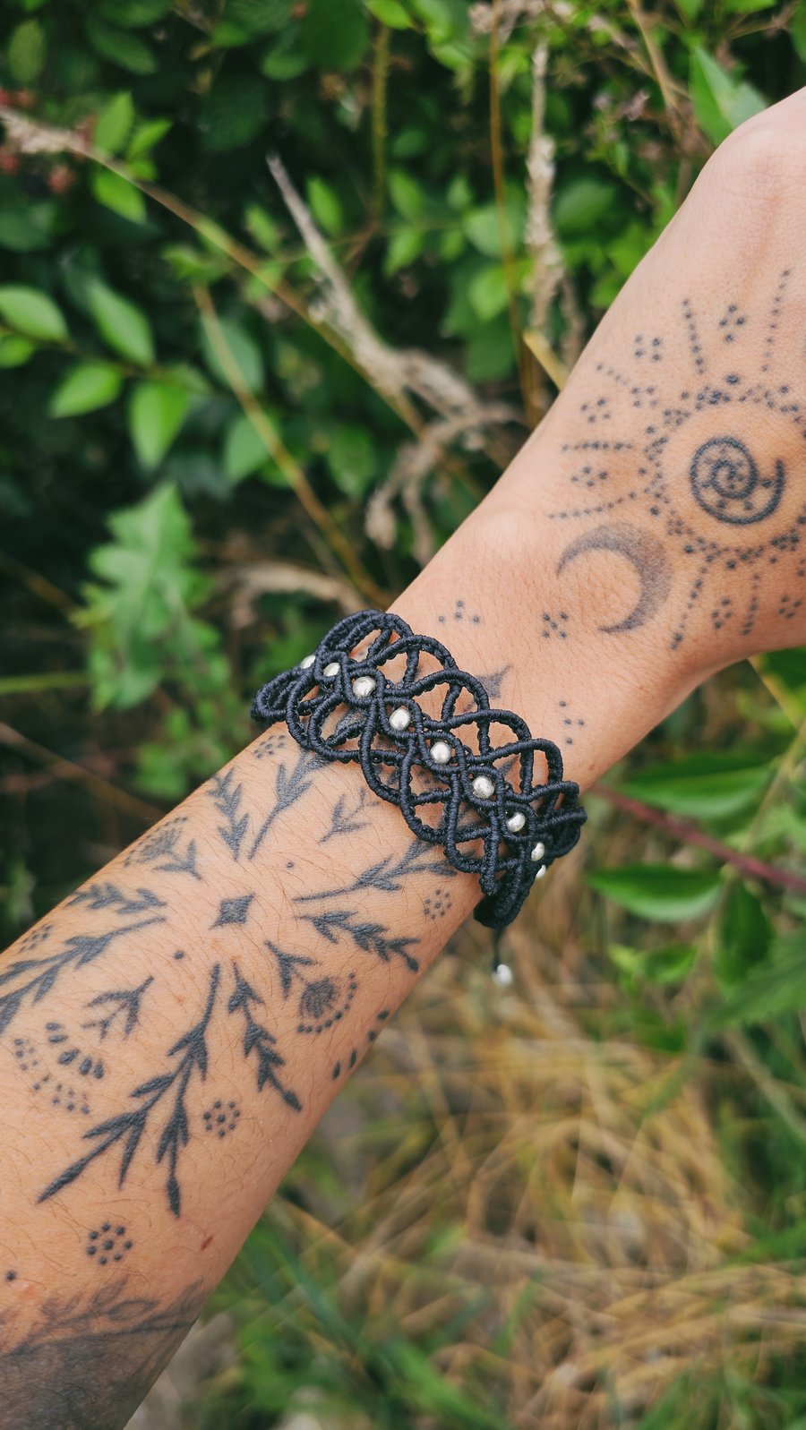 Handmade Adjustable Black Macrame Bracelet  Anklet with Silver Seed Beads