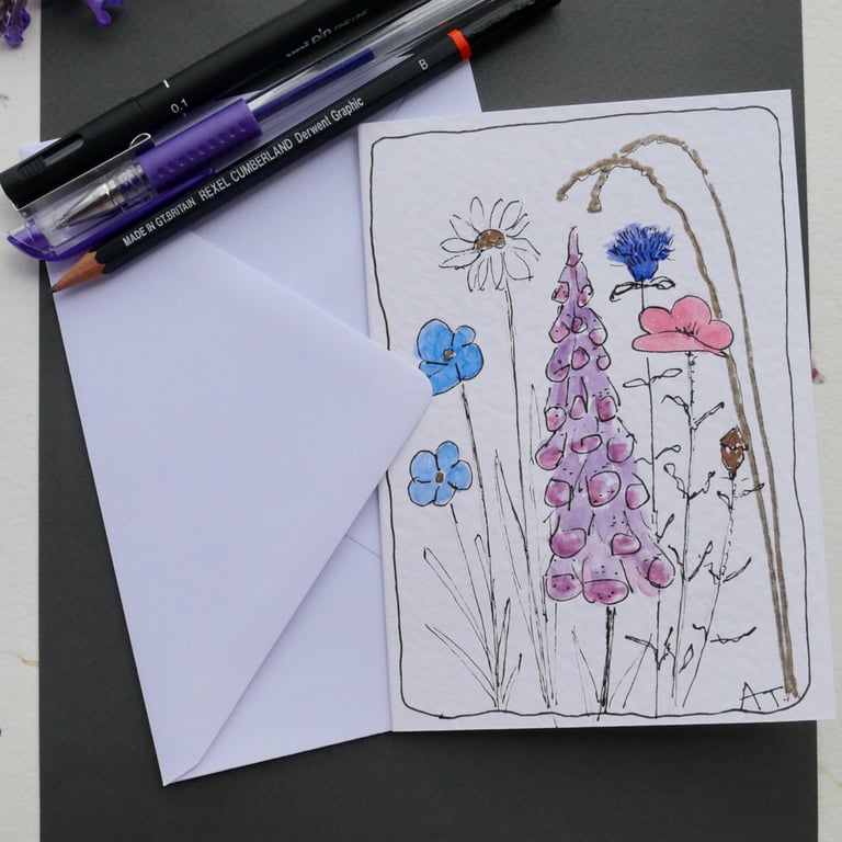 Hand Watercolour Painted Wildflower Greetings Card with Envelope - Blank inside