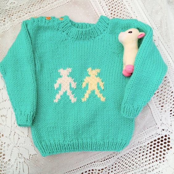 Mint Green Round Neck Chunky Jumper with Teddy Bear Motif for Babies & Toddlers