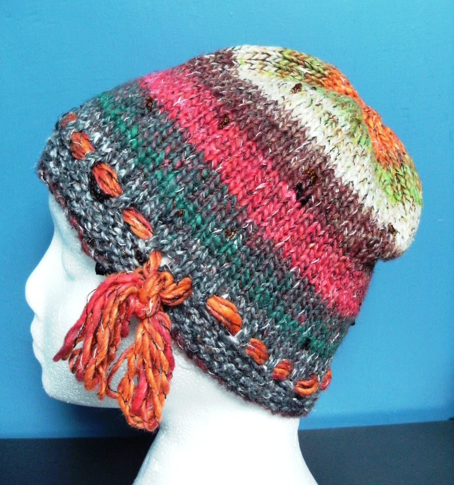 Handknit Noro cotton silk & wool hat M red & green multi