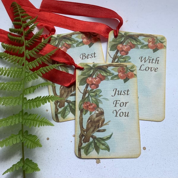 GIFT TAGS, vintage -style. ' The Cherry Thief '  ( set of 3 diff designs ) 