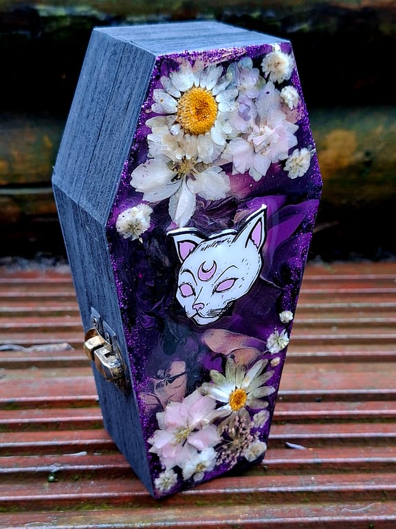 Wooden Coffin Trinket Jewellery Box gothic cat skull witchy emo punk alt