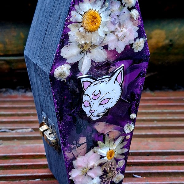 Wooden Coffin Trinket Jewellery Box gothic cat skull witchy emo punk alt