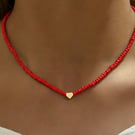 Red & Gold heart necklace - minimalist beaded jewellery - Gift for him and her