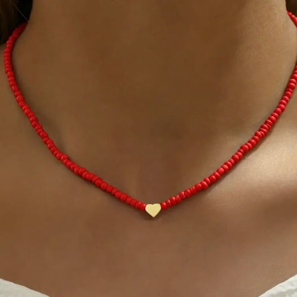 Red & Gold heart necklace - minimalist beaded jewellery - Gift for him and her