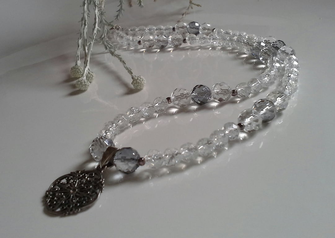 Genuine Faceted White & Gray Quartz Oxidised Sterling Silver Necklace
