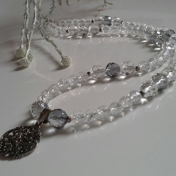 Genuine Faceted White & Gray Quartz Oxidised Sterling Silver Necklace