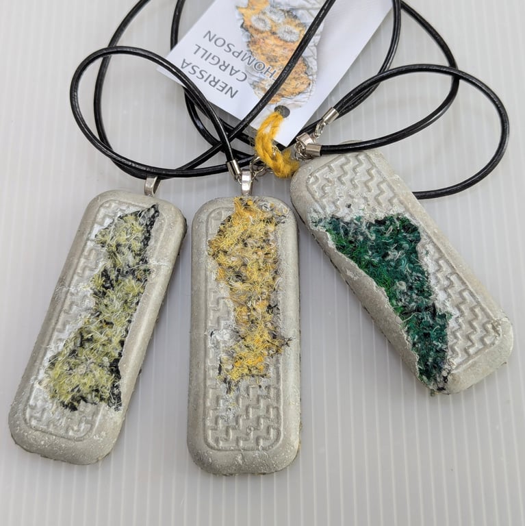 Summer Seconds Textile and Concrete Mixed Media Pendant Necklace 