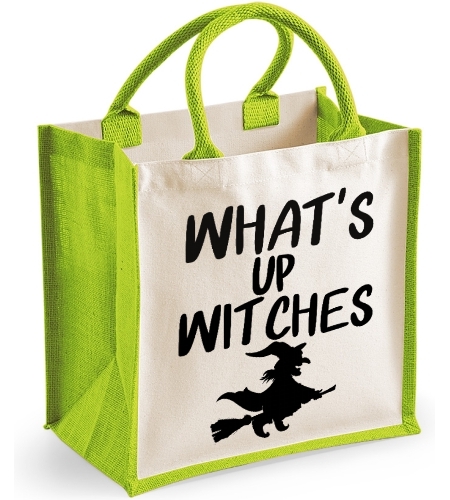 What's Up Witches  Midi Jute Canvas Bag - Halloween witch Themed