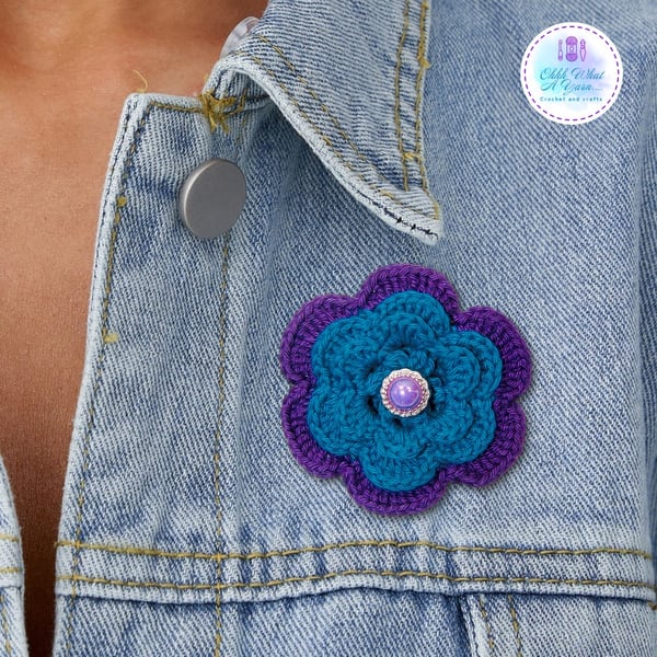 Crochet purple and teal flower brooch, crochet flower corsage, flower brooch