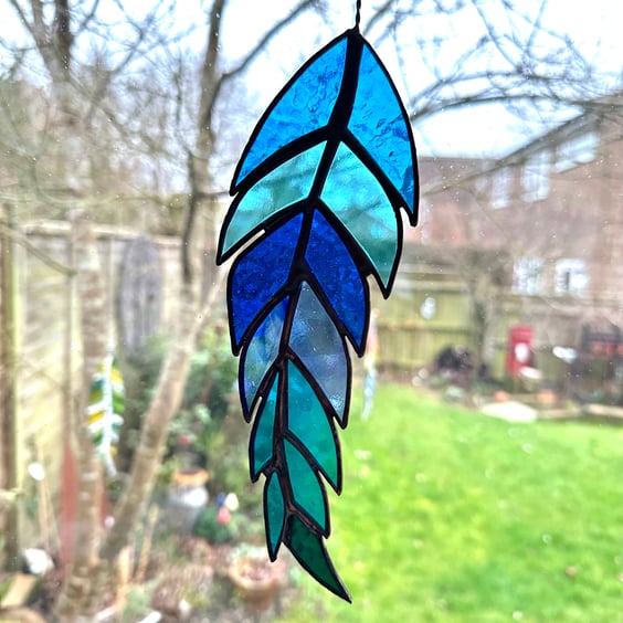 Stained Glass Rainbow Feather Suncatcher - Handmade Hanging Decoration - Blue 