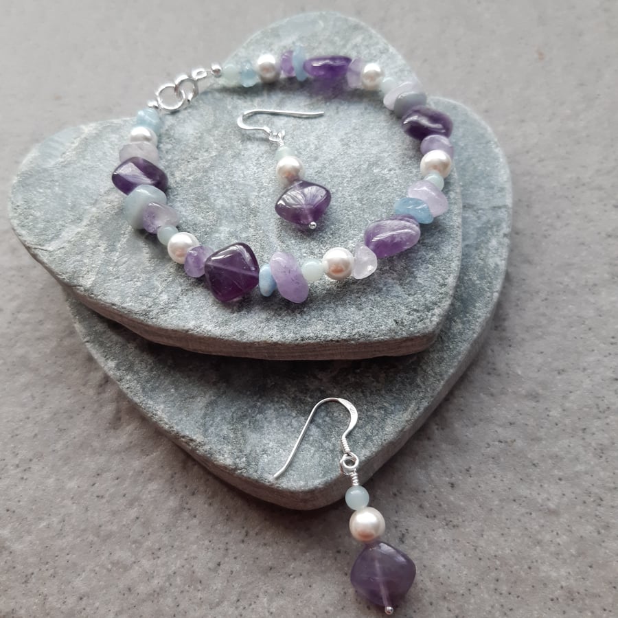  Amethyst Aquamarine and Shell Pearl Sterling Silver Bracelet and Earrings