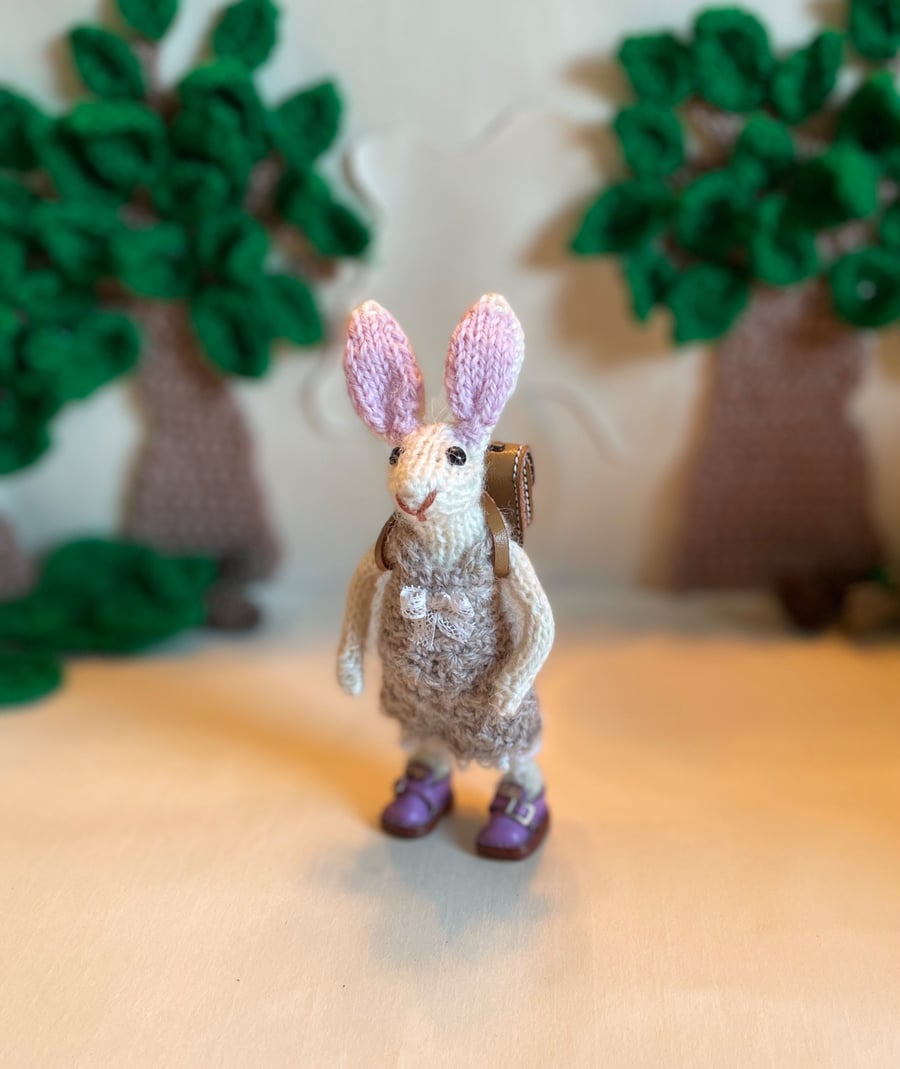 Esther the Rabbit with her satchel Knitted little rabbit ornament, Rabbit Gift