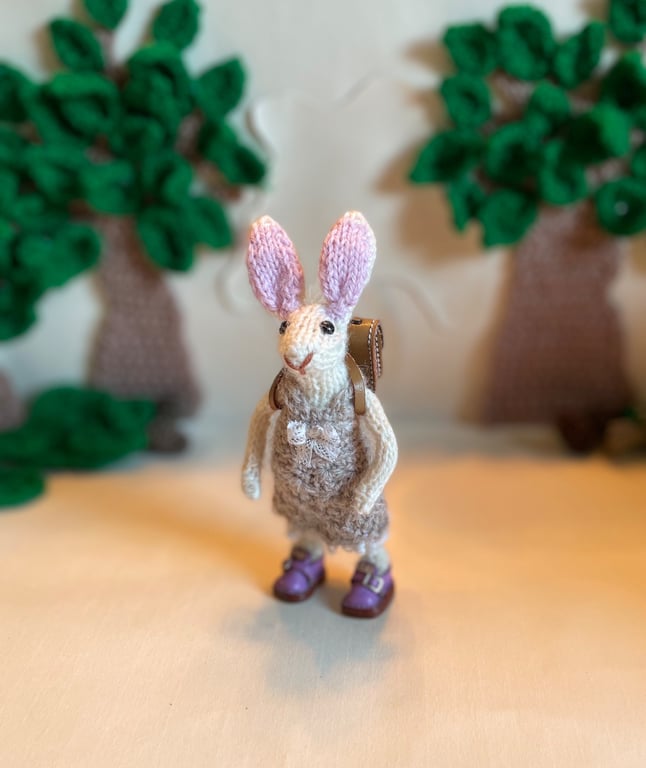 Esther the Rabbit with her satchel Knitted little rabbit ornament, Rabbit Gift