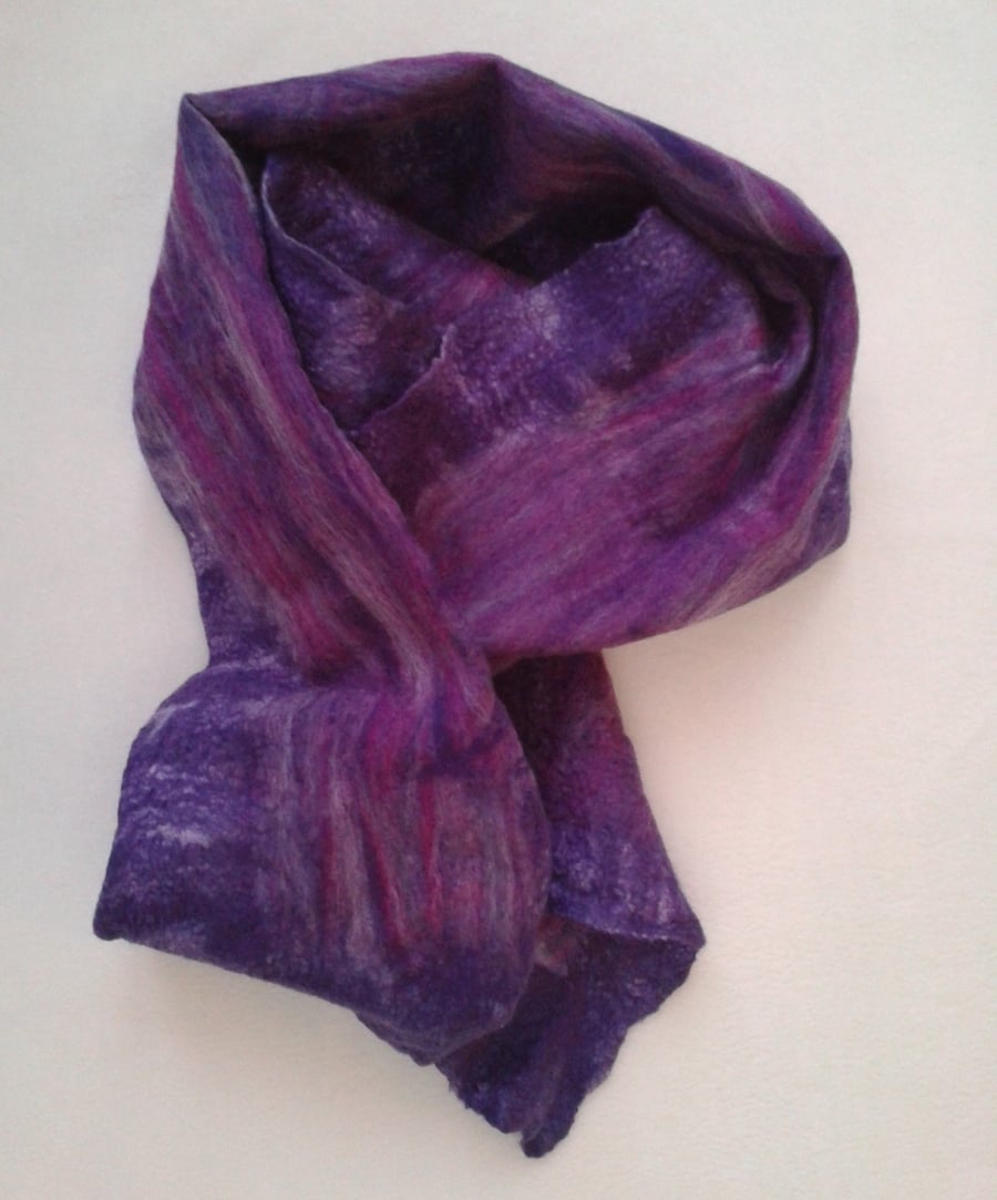 Nuno felted long purple scarf, wool on silk