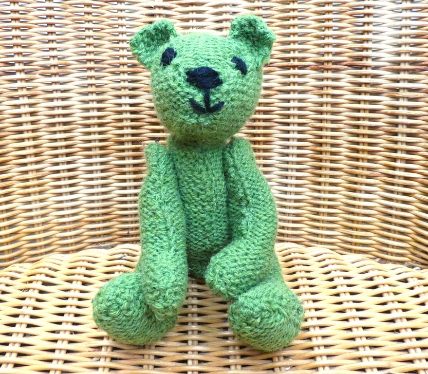 Handmade 8" Green Teddy Bear knitted in 100% Wool