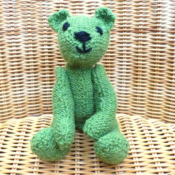 Handmade 8" Green Teddy Bear knitted in 100% Wool