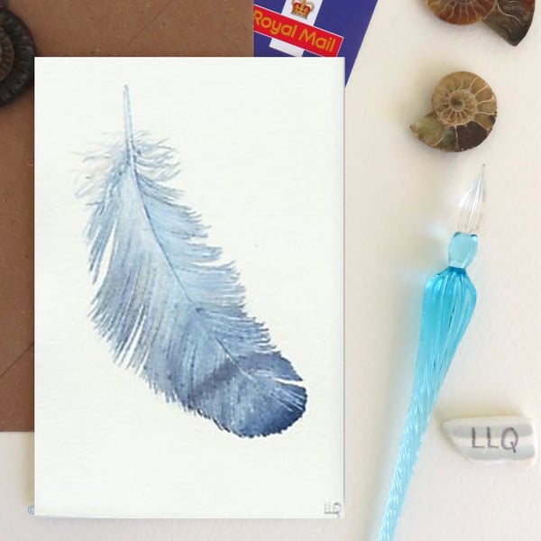 Blue feather watercolour study artist card notelet