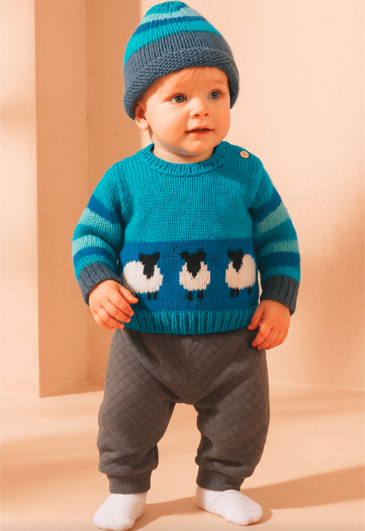 Knitting Pattern for Sheep Baby Sweater and Hat, Aran-Worsted for up to 2 years