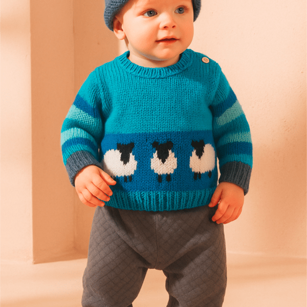 Knitting Pattern for Sheep Baby Sweater and Hat, Aran-Worsted for up to 2 years