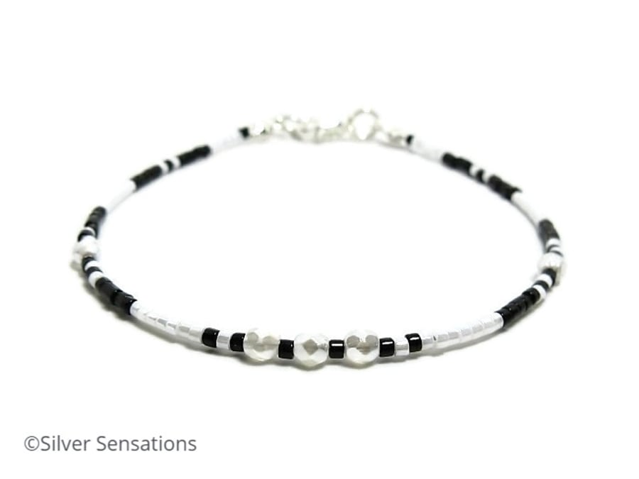Black & White Monochrome Seed Bead Friendship Bracelet - 6.5" - 8.5"