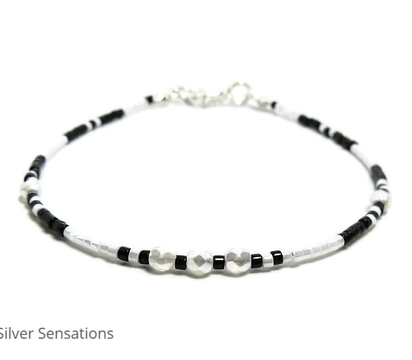 Black & White Monochrome Seed Bead Friendship Bracelet -  Sizes 6.5" - 8"