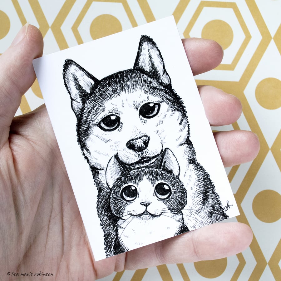 Tuxedo Cat and Husky Dog ACEO - Inktober 2019 - Day 6 - Ink Drawing Pen Art
