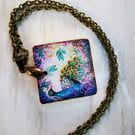 Purple Peacocks, Double Sided Pendant Necklace, Boho Vintage Style