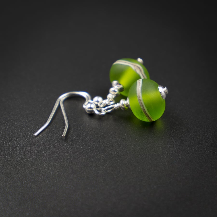 frosted lime green and sterling silver lampwork earring drops. 