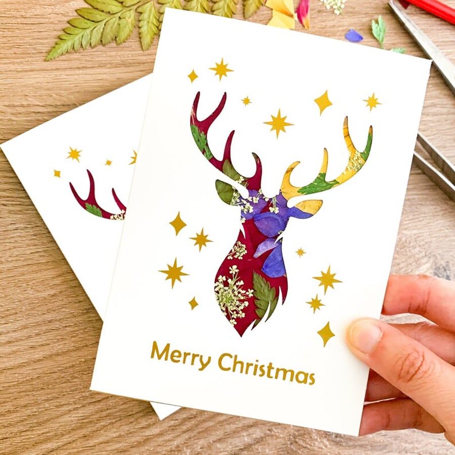 Real Pressed Flower Reindeer Christmas Card For Parents For Women For Men