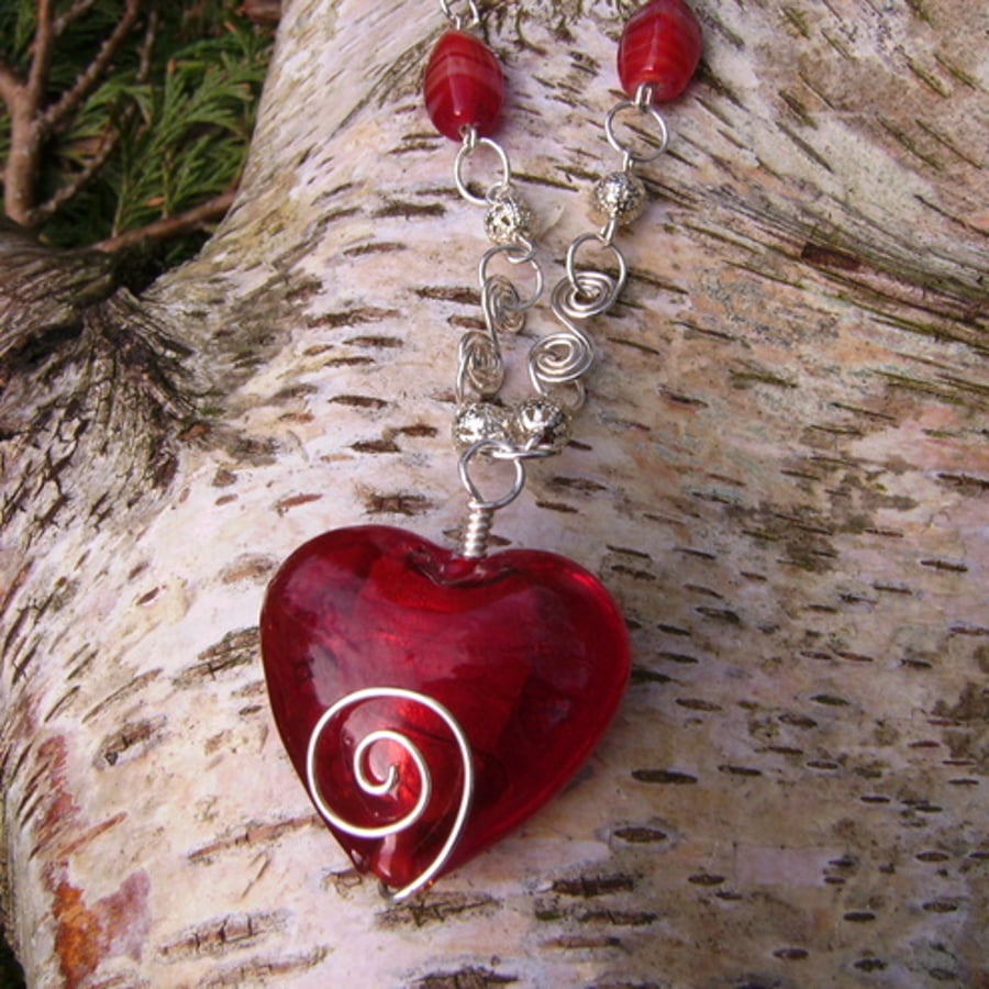 Red Valentine Heart & Silver plated Wire Spiral Necklace