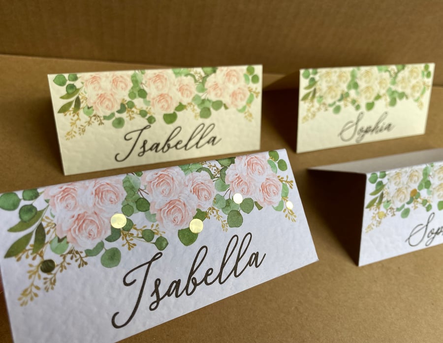 6x blush rose EUCALYPTUS name place CARDS sage green table setting wedding decor