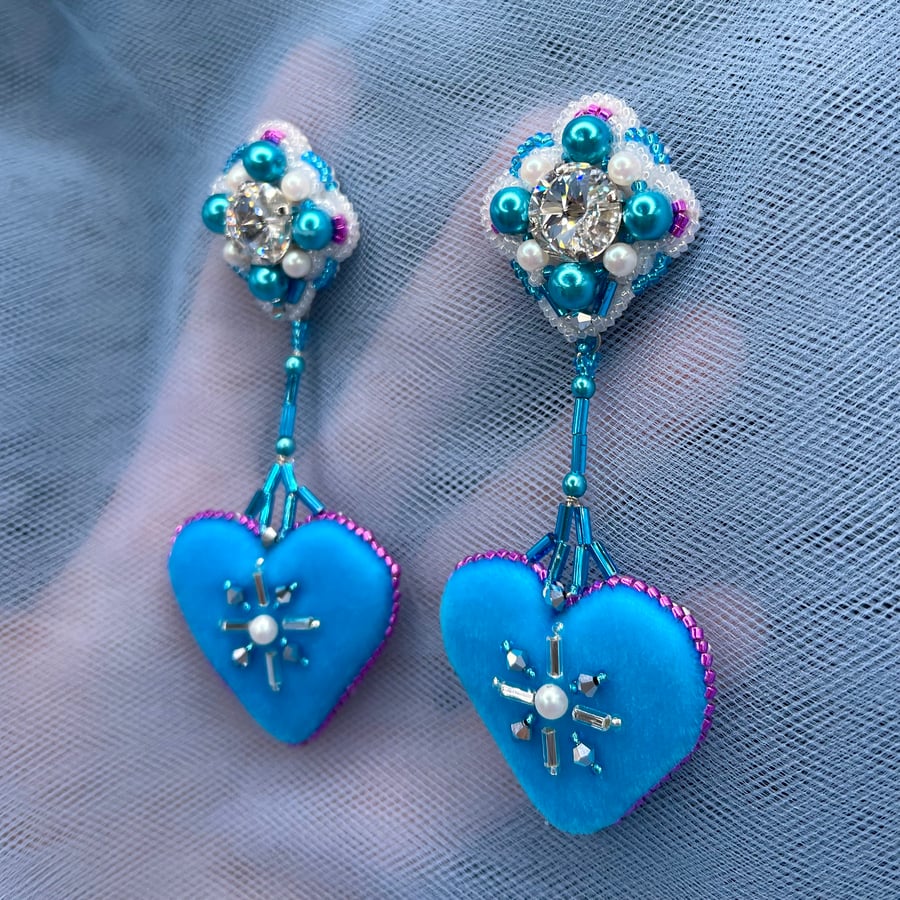 Unique hand embroidered Swarovski “Cyan chic” velvet heart earrings. Long, light